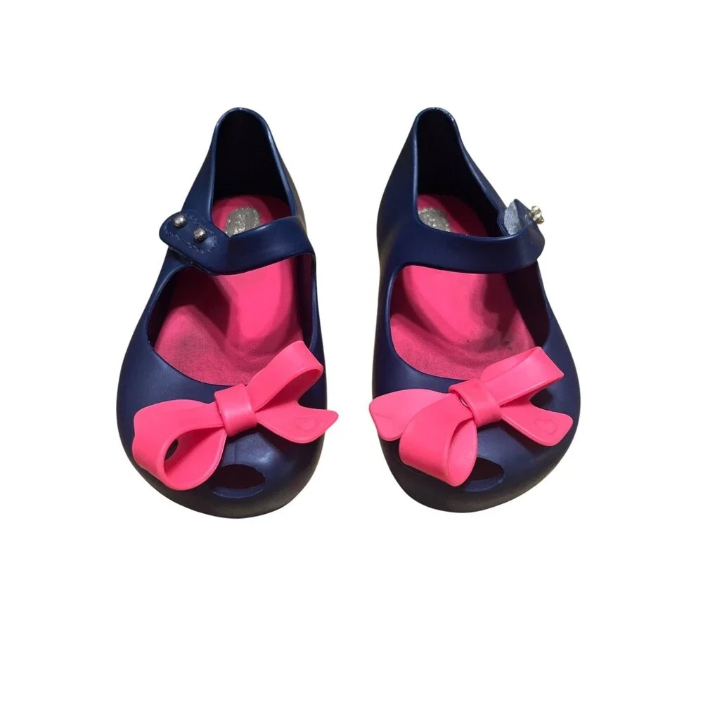 Mini Melissa Toddler Navy Blue Mary Jane Jelly Shoes with Pink Bow Size 7 Play